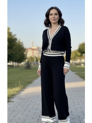 Yusgos Kadın Çizgili Düğmeli Triko Hırka Pantolon Kolej Alt Üst Takım