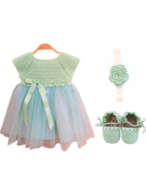 Pacco Baby El Örgüsü %100 Pamuk Yeşil 3'lü Tütü Elbise Set