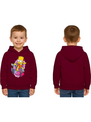 Sedirli Unisex Simpson Baskılı Çocuk Swaetshirt Kapşonlu 3 Iplik Şardonlu