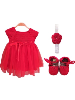 Pacco Baby El Örgüsü %100 Pamuk Kırmızı 3'lü Tütü Elbise Set