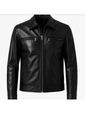 Derimontaya Siyah Erkek Hakiki Kuzu Deri Bebe Yakalı Mont Ceket