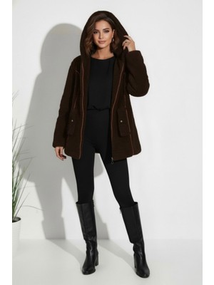 Hiramir Peluş Yeni Sezon Kadın Kapüşonlu Astarlı Mont KS2563