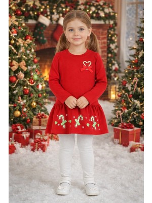 Kız Çocuk Pamuklu Penye Kalpli Fiyonklu Içi Şardonlu Kırmızı Elbise