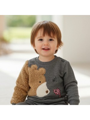 Fancy Kids Antalya Erkek Çocuk Peluş Ayıcık Baskılı Gri Eşofman Takımı