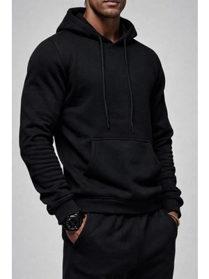 Damga Erkek Kanguru Cepli Siyah Kapşonlu Sweatshirt