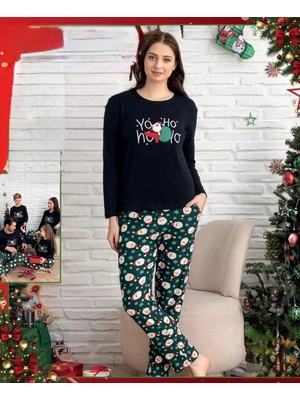 Queen Kids Kadın Interlok Pijama Takımı Yılbaşı Konsepti Siyah-Yeşil
