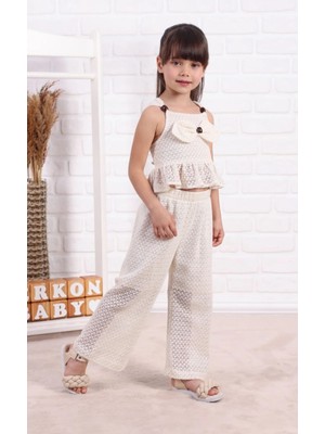 Queen Kids Queenkids Kız Çocuk M0785 Askılı Pantolonlu Takım Bej