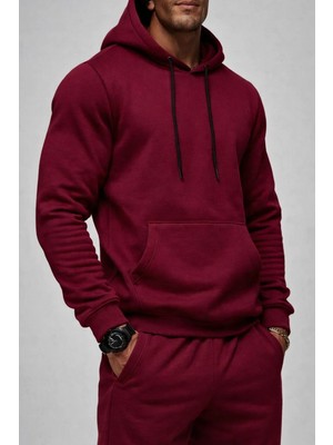 Damga Erkek Kanguru Cepli Bordo Kapşonlu Sweatshirt