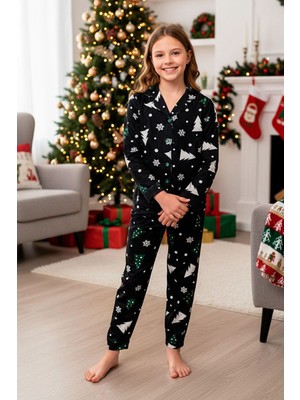 Miniğimin Cicileri Çam Ağacı  Desenli Yılbaşı Süet Kız Çocuk Pijama Takımı - Siyah