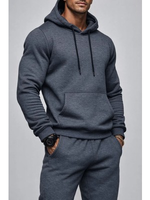 Damga Erkek Kanguru Cepli Füme Kapşonlu Sweatshirt