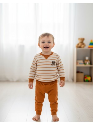 Yusgos Çizgili Aylık Ayıcıklı Erkek Bebek Takım Turuncu 9 - 12 Ay