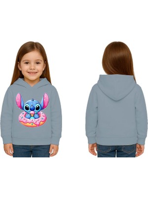 Sedirli Unisex Stitch Baskılı Çocuk Swaetshirt Baskılı Kapüşonlu 3 Iplik Şardonlu