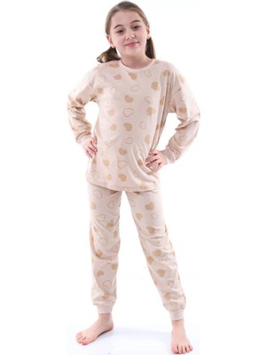 Queen Kids Queenkids Kız Çocuk PJ-31231 Pijama Takımı Kalp Bej