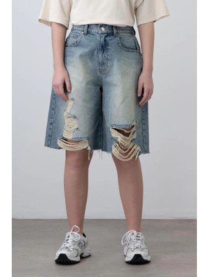 Queen Kids Queenkids Kız Çocuk 7526 Yırtık Şort Mavi