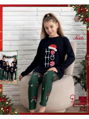 Queen Kids Yeni Yıl Interlok Pijama Takımı  Siyah-Yeşil