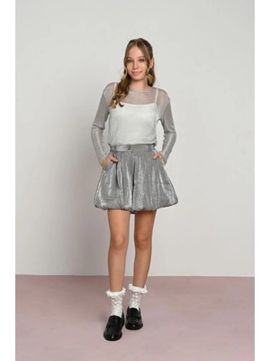 Queen Kids Kız Bluz 7998 Örme File Simli Gri