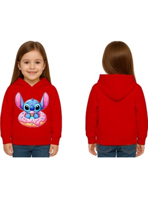 Sedirli Unisex Stitch Baskılı Çocuk Swaetshirt Baskılı Kapüşonlu 3 Iplik Şardonlu