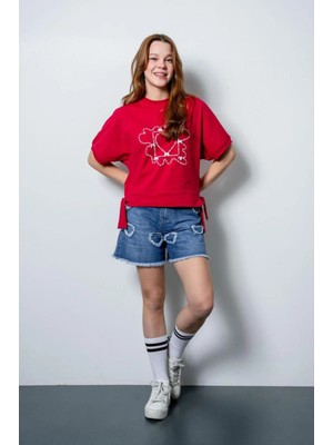 Queen Kids Queenkids Kız Çocuk 6156 Kalpli  Şort Mavi