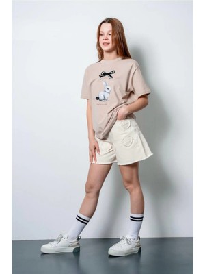 Queen Kids Queenkids Kız Çocuk 6156 Kalpli Şort Bej