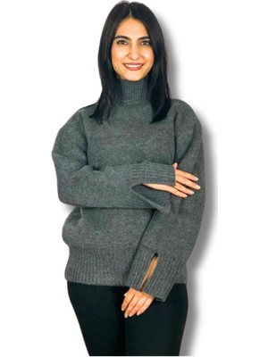 Yusgos Kadın Pinterest Model Kol Yırtmaçlı Balıkçı Yaka Triko Kazak