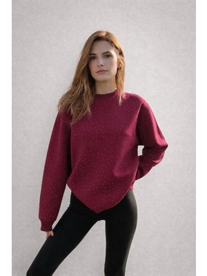 Esila Moda Kadın Bordo Taş Detay Sweatshirt