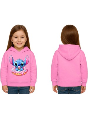 Sedirli Unisex Stitch Baskılı Çocuk Swaetshirt Baskılı Kapüşonlu 3 Iplik Şardonlu