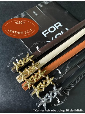 Fiori 5'li Hakiki Deri Bombeli Yıldız Tokalı Kadın Kemeri, Ceket Kemeri, Gömlek Kemeri, Elbise Kemeri