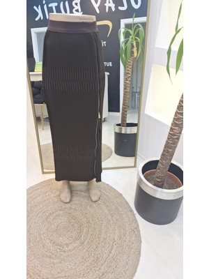 Misswhence Piliseli Yandan Fermuarlı Etek Kahverengi 38921