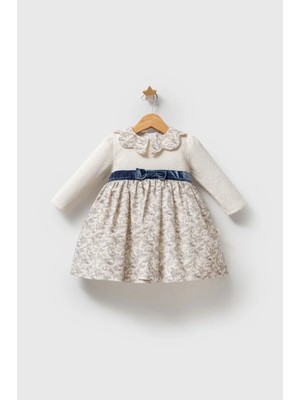 Queen Kids Queenkids Kız Bebek  8021 Trikolu Ççiçek Elbise Ekru