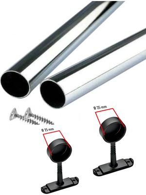 Motto Krom Kaplama Dolap Içi Askı Borusu + 2 Adet Yuvarlak Kapalı Siyah Flanş + 4 Vida