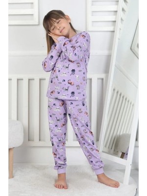 Queen Kids Queenkids Kız Çocuk PJ-51215 Pijama Takımı Lila Kedi