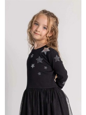 Queen Kids Kız Çocuk Tütülü Yıldızlı   Elbise Siyah