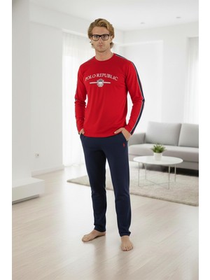 Erkek Pamuklu Pijama Takımı Kırmızı Renk Uzun Kollu Rahat Kalıp Esnek Kumaş C6T0N05