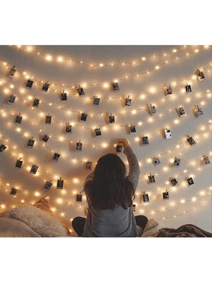 Özbience 5 Metre Sarı Peri LED Işık Seti, Pilli, 25 Adet Mandallı Yılbaşı Dekoru