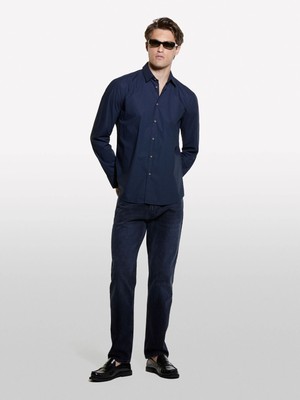 Sisley %100 Pamuk Dar Kesim Klasik Yakalı Baskılı Gömlek Erkek Gece Mavisi Gömlek - 324A5WNKSQ03U