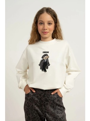 Queen Kids  Kız Çocuk 7866  Sweat Swank Nakışlı Ekru-Antrasit