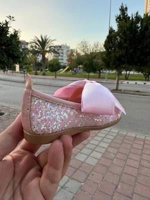 Queen Kids Kız Çocuk Babet Bow Cam Kırığı Düz Tabanlı Pembe Babet %100 Ortapedik