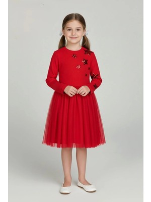 Queen Kids Kız Çocuk Tütülü Yıldızlı   Elbise Kırmızı