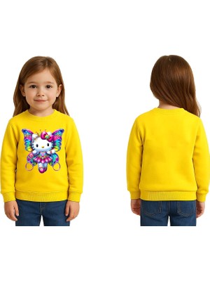 Sedirli Unisex Hello Kity Baskılı Çocuk Swaetshirt 3 Iplik Şardonlu