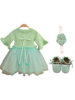 Pacco Baby El Örgüsü %100 Pamuk Yeşil 3'lü Ponponlu Tütü Elbise Set