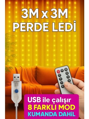 3MX3M LED Perde, Kumandalı, 8 Fonksiyon, USB Girişli, Süsleme Işığı