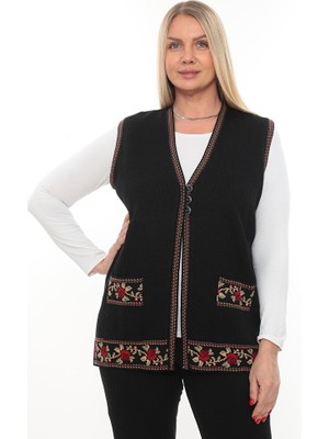 Siyah Güllü Nakışlı Kışlık Kalın Düğmeli Cepli Triko Anne Yelek