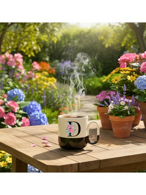 Finka Dekor Çiçekli D Harfi Tasarımlı-Kişiye Özel Seramik Kupa