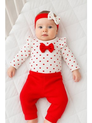 Dinamik çocuk Kalp Desenli Fiyonklu Kız Bebek 3'lü Takım (Çıtçıtlı Badi+Alt+Bandana) 0-3AY/3-6AY
