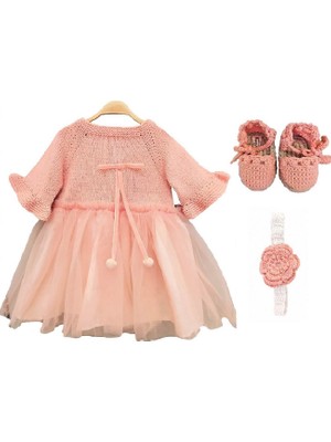 Pacco Baby El Örgüsü %100 Pamuk Yavruağzı 3'lü Ponponlu Tütü Elbise Set