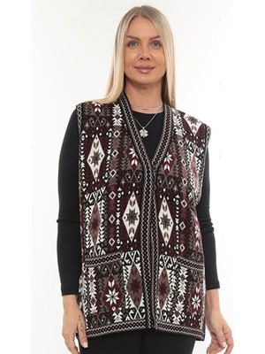Kadın Etnik Model Triko Örgü Kilim Cepli Kışlık Kalın Anne Yelek