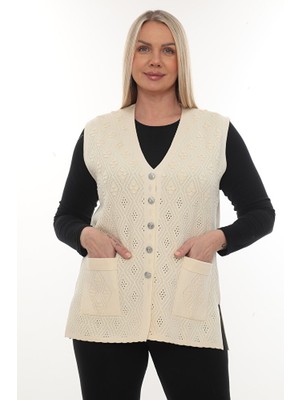 Kadın Triko Cepli Kışlık Kalın Desenli Anne Yelek