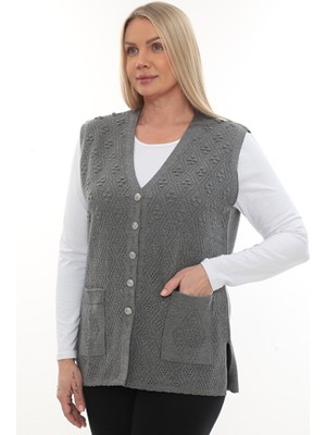 Kadın Triko Cepli Kışlık Kalın Desenli Anne Yelek