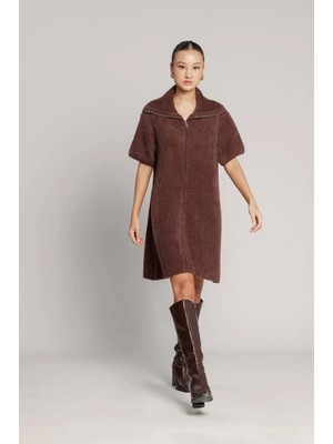 Esila Moda Kadın Kahverengi Sakallı Fermuarlı Elbise