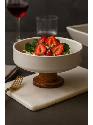 Akkoyunlu Home Ayaklı Yuvarlak Kase Ahşap Ayaklı Akasya Salata Kasesi,seramik Sunum Servis Kasesi 19 cm